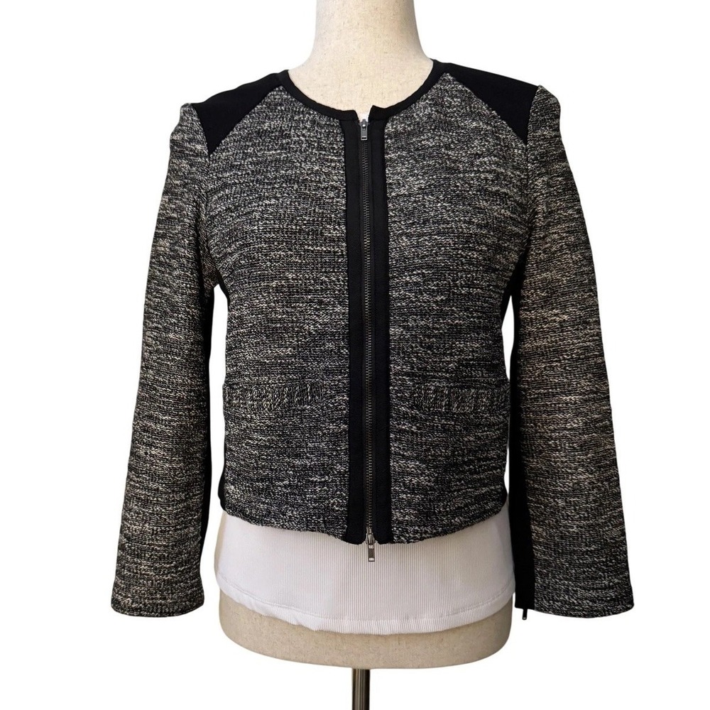 Eileen Fisher Tweed Jacket Womens Petite Small Black Gray Zip Front Mixed Media